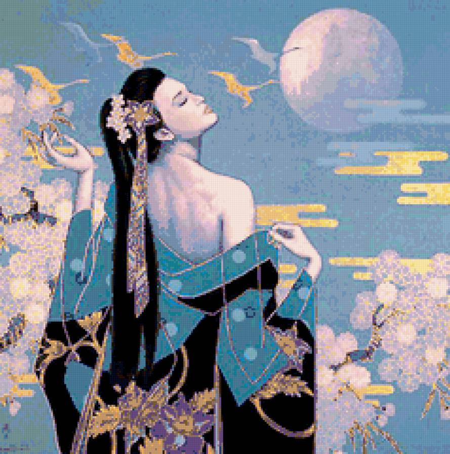 восточная красавица - девушка, картина, природа, птицы, китайская живопись, китай - предпросмотр