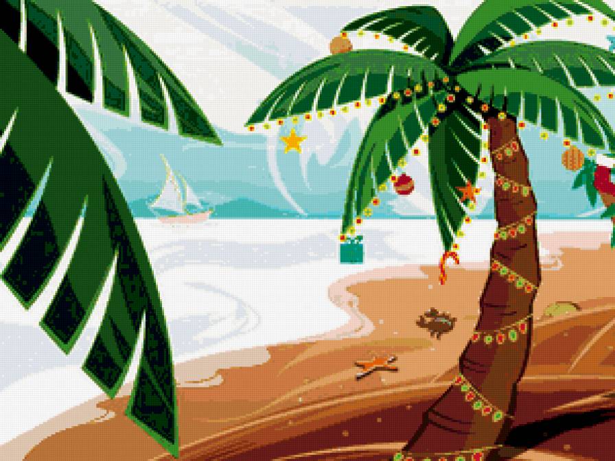 новогодняя пальма - пальмы, природа, пейзаж, море, остров, экзотика, новый год - предпросмотр