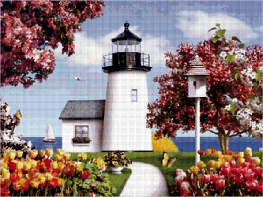 маяк - парусниц, природа, цветы, картина, море, птицы - предпросмотр