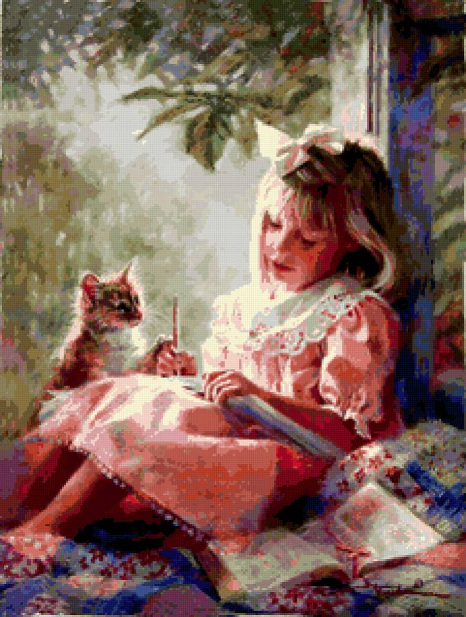 У окна - окно, картина, кошки, дети - предпросмотр