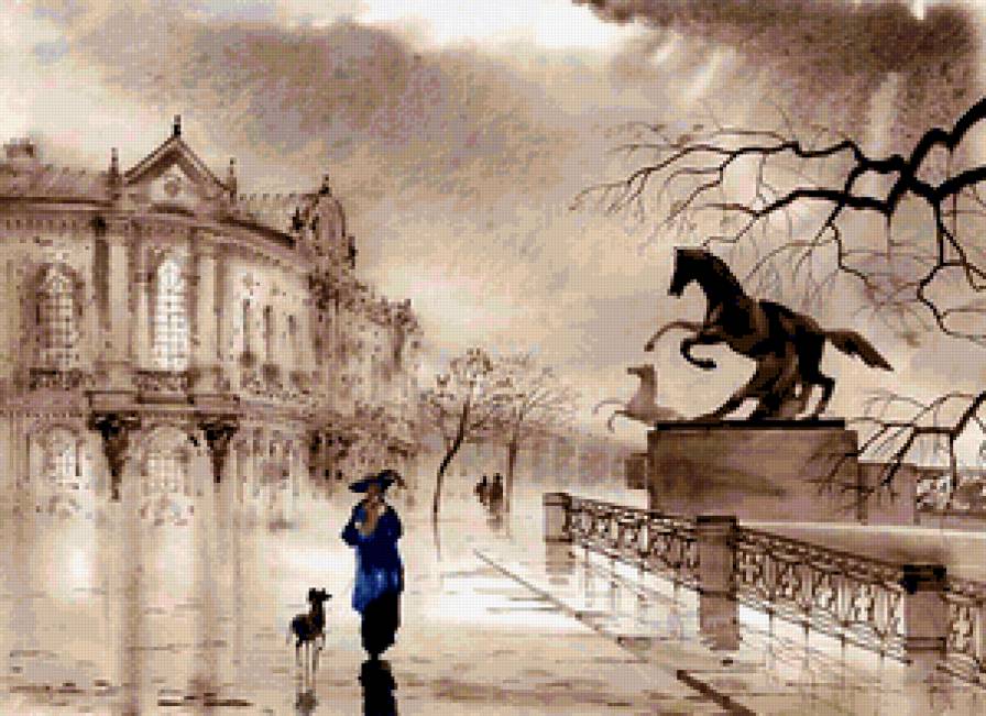 Городской пейзаж - акварель, город, дома, пейзаж, архитектура, осень, ретро, здания - предпросмотр