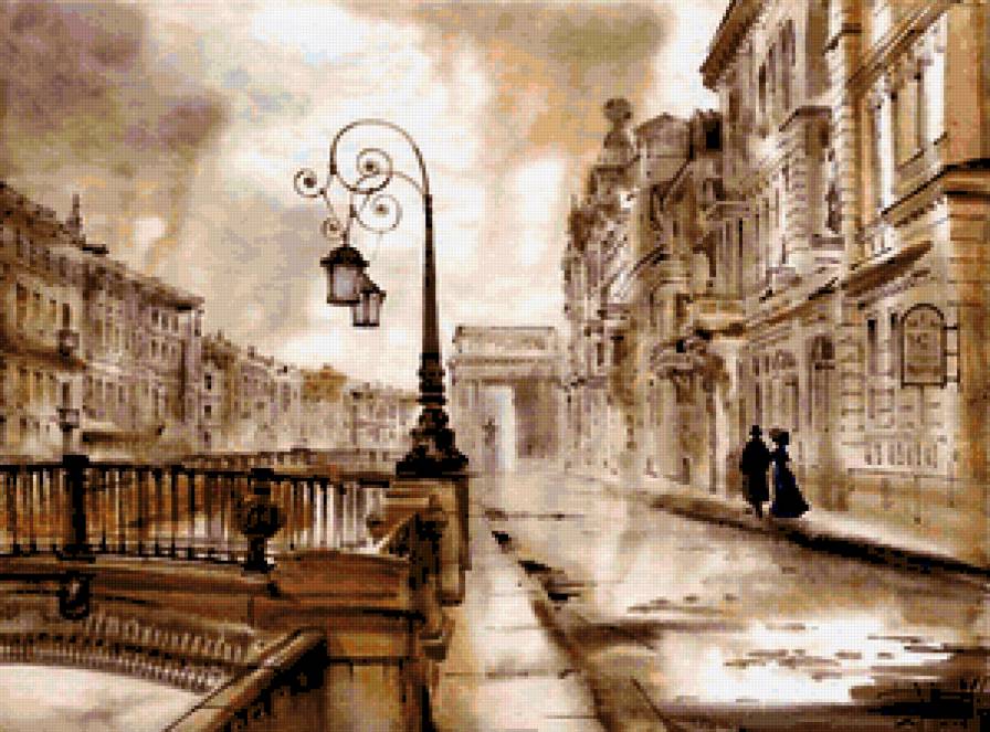 Городской пейзаж - архитектура, осень, дома, пейзаж, ретро, здания, акварель, город - предпросмотр