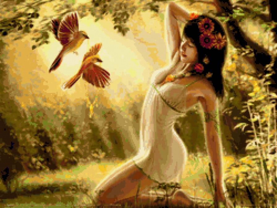 девушка и птицы - девушка, птицы - предпросмотр