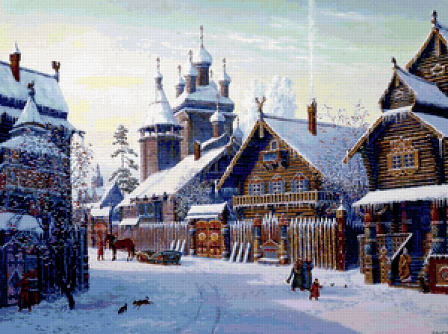 Древняя Русь - терем, улица, изба, санки, люди - предпросмотр