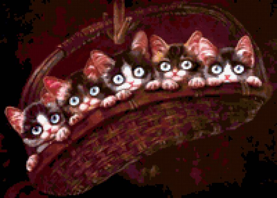 Пятеро в корзине. - юмор, котята., кот, картинка, кошка, животные - предпросмотр