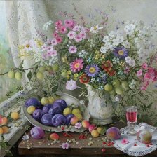 Схема вышивки «Натюрморт со сливами и цветами»