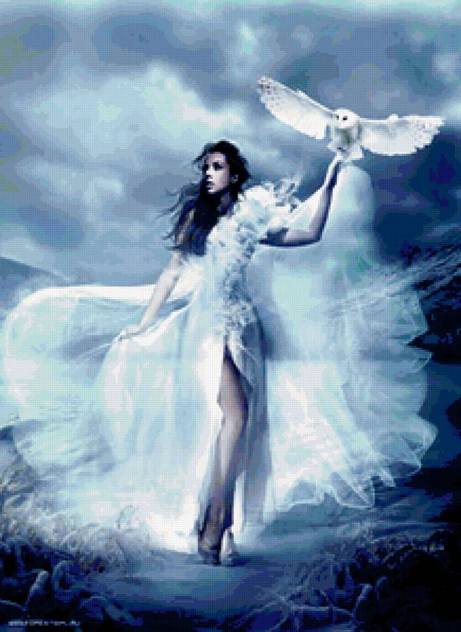 девушка и филин - магия, белый, девушка, сова, в белом, волшебница - предпросмотр