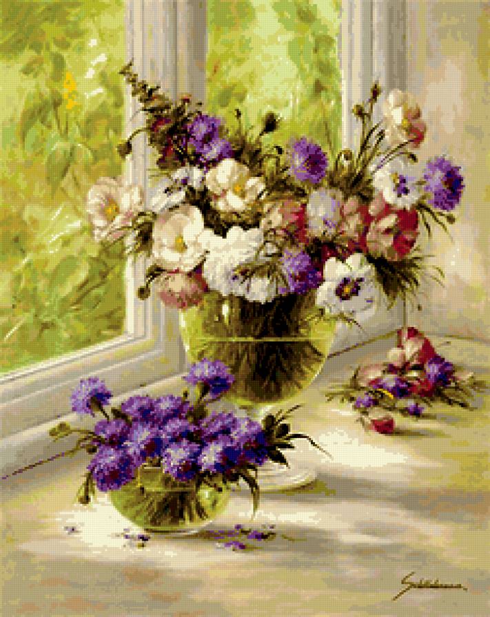 Летний букет - букет, окно, цветы, картина - предпросмотр