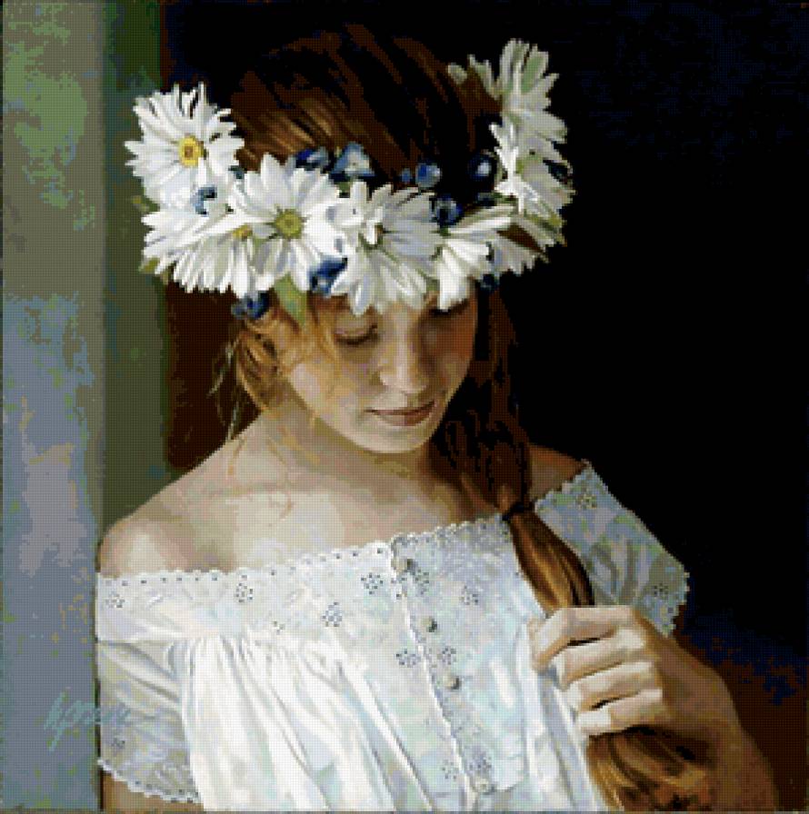 Девушка с венком на голове. - цветы, девушка, ромашки, венок - предпросмотр