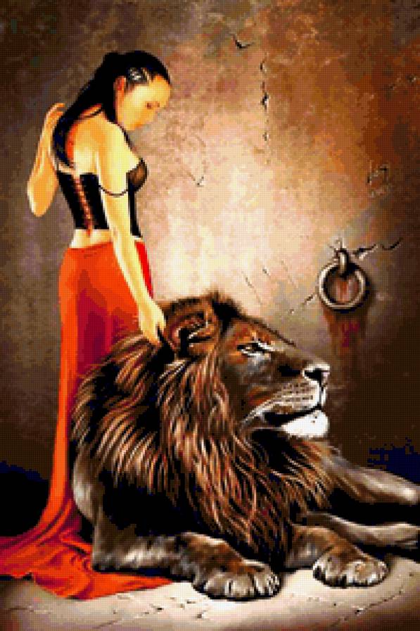Девушка и лев - картина, лев, звери, животние, девушка - предпросмотр