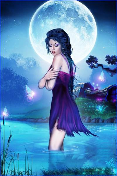 Полнолуние - девушка, ночь, озеро, природа, вода, полнолуние, картина - оригинал