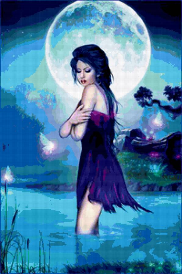 Полнолуние - девушка, полнолуние, природа, картина, ночь, озеро, вода - предпросмотр