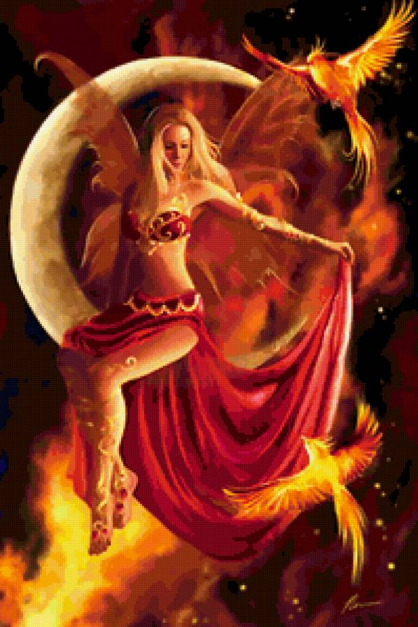 огненная девушка - огонь, фэнтези, девушка, птица, месяц - предпросмотр