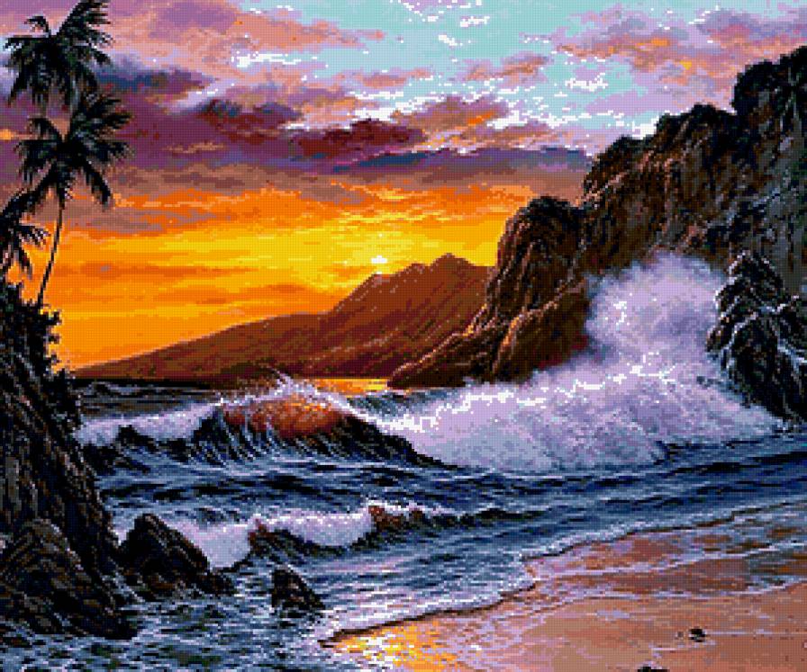 Багровый закат - пейзаж, закат, море, пальмы - предпросмотр