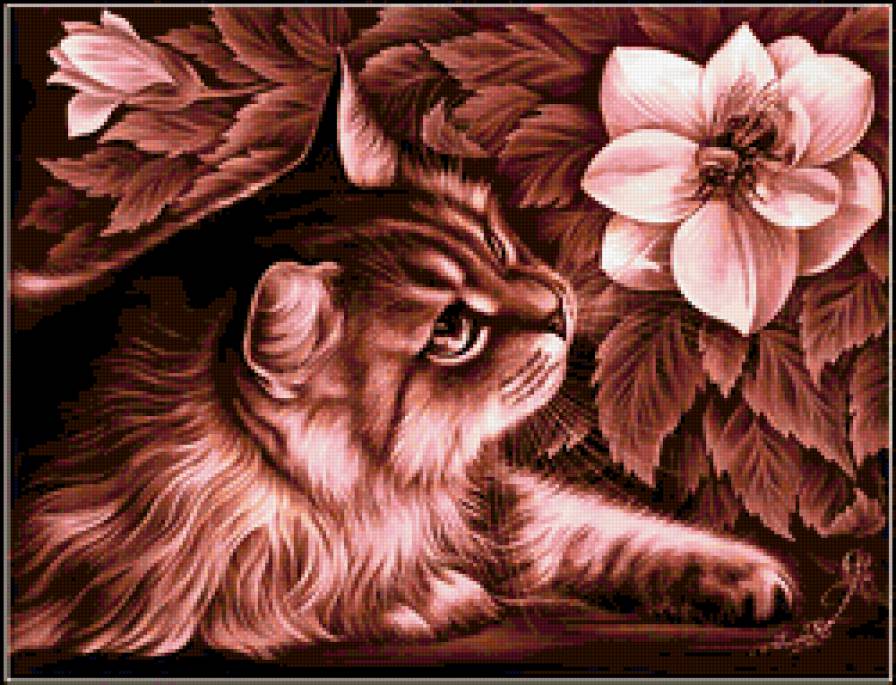 Кот и цветы - животные, живопись, цветы, коты - предпросмотр