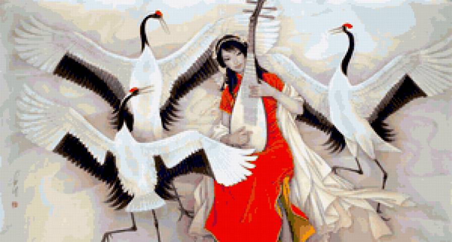 №191102 - птицы, девушка, восток, картина, музыка - предпросмотр