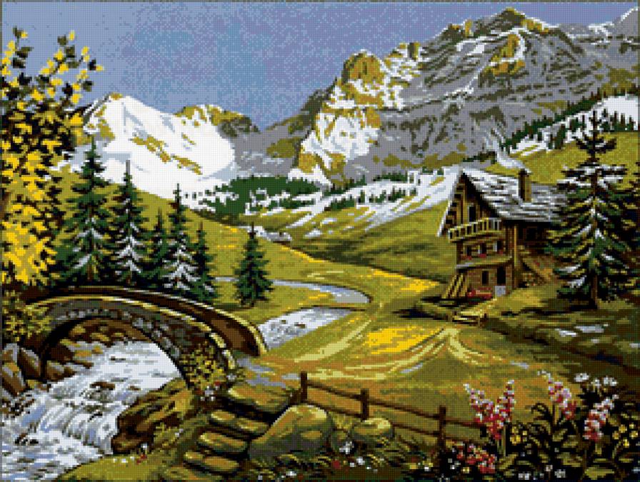 горный пейзаж - пейзаж, горы, река, елки, домик - предпросмотр