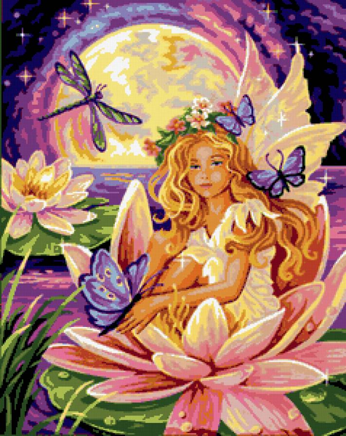 дюймовочка - закат, девочка, дюймовочка, лотос, стрекозы - предпросмотр