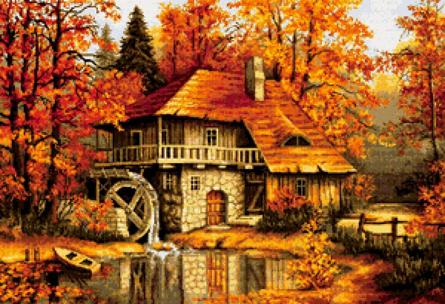 мельница - лес, водоем, мельница, осень - предпросмотр