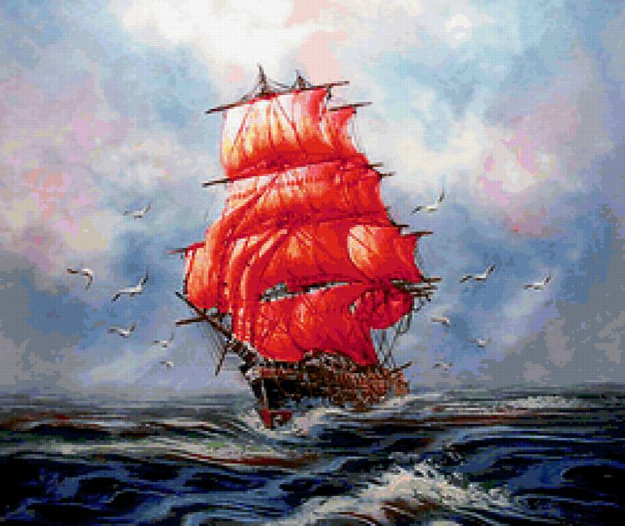 алые паруса - фригат, шторм, паруса, море, морской, чайки, волны, кар, корабль - предпросмотр