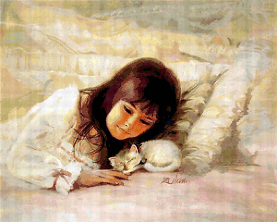 Девочка с котенком - кошки, дети, картина - предпросмотр