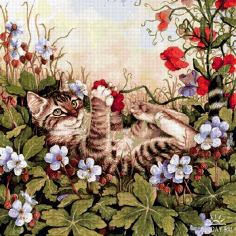 котенок в цветах - животные, кошки, цветы, природа, картина - предпросмотр