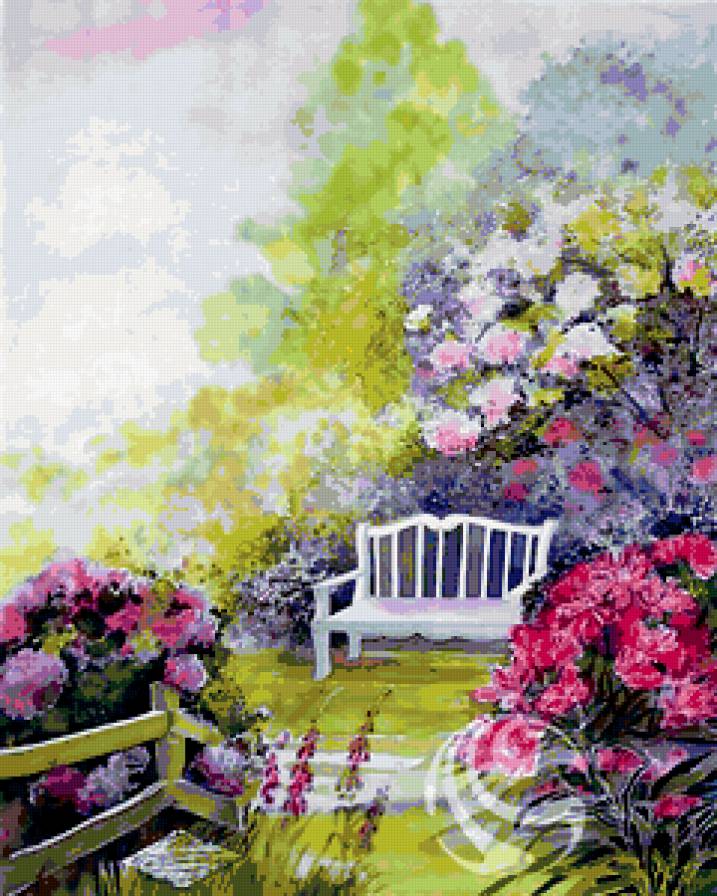 Скамейка в саду - сад, цветы, скамейка - предпросмотр