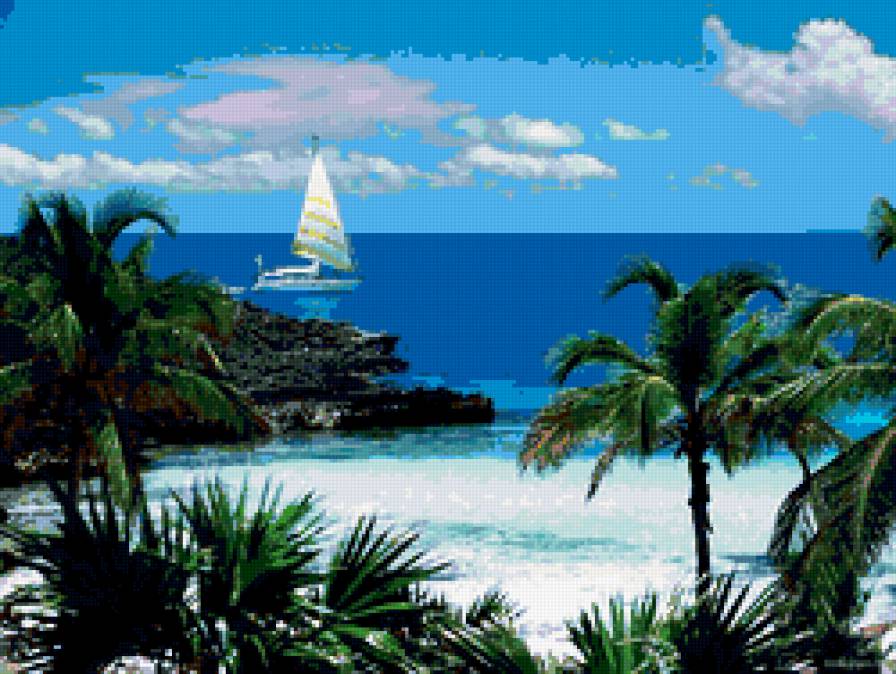 море - парус, яхта, пляж, пальмы - предпросмотр