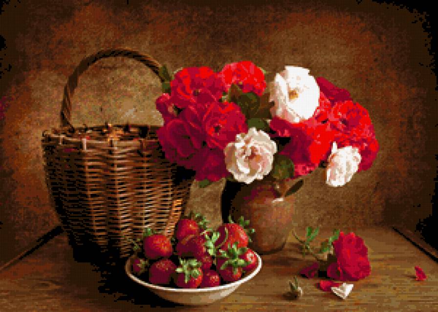 букет - букет, цветы, клубника, натюрморт - предпросмотр