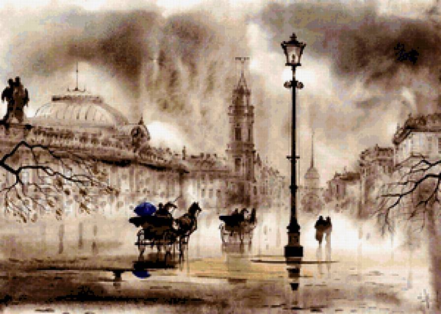 Городской пейзаж - природа, городской пейзаж, дамы, город, акварель, ретро - предпросмотр