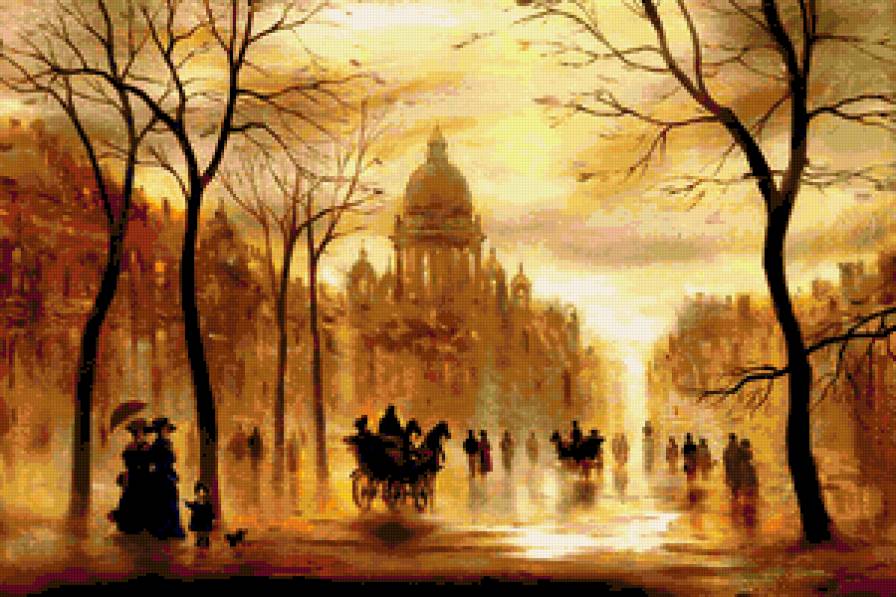 Городской пейзаж - акварель, город, городской пейзаж, дамы, ретро, природа - предпросмотр