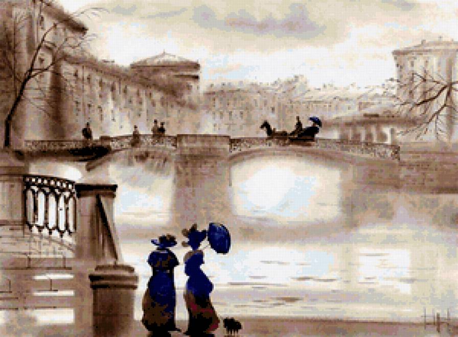 Городской пейзаж - городской пейзаж, ретро, природа, акварель, город, дамы - предпросмотр