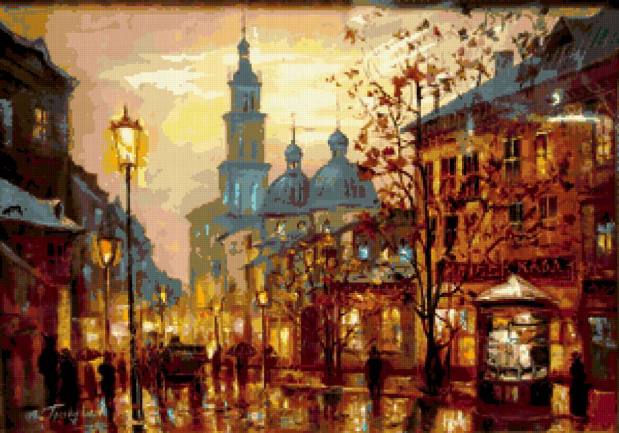 Дождливый вечер - город пейзаж вечер дождь огни сквер - предпросмотр