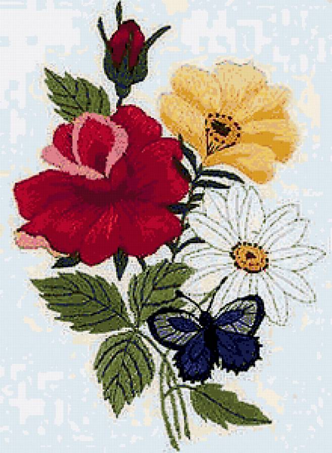 Цветы и бабочки - цветы, ромашка, букет, розы, цветы и бабочки, бабочка - предпросмотр