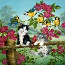 Схема вышивки «Котята и птички»