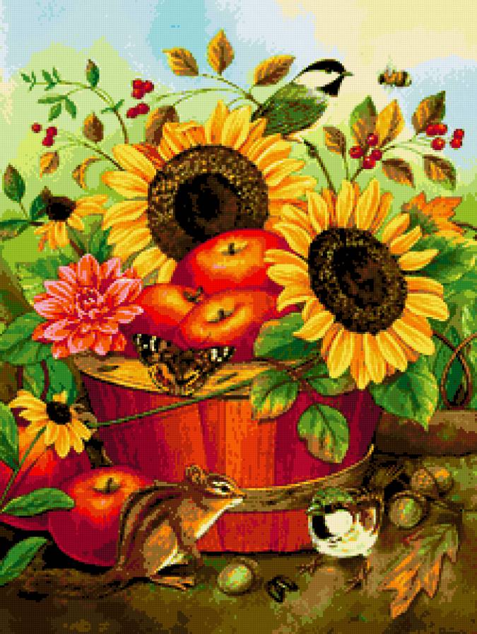 №194128 - яблоки, подсолнухи, цветы, птицы, картинка, животные - предпросмотр