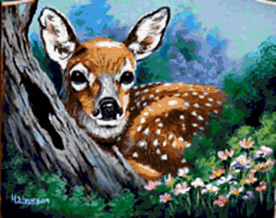 Оленёнок - олененок, лето, природа, олень, лес, олени, цветы, животные - предпросмотр