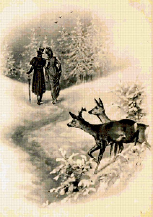 ретро-открытка - жен, пара, олени, рождество, зима, природа, мужчина, двое, ретро - предпросмотр