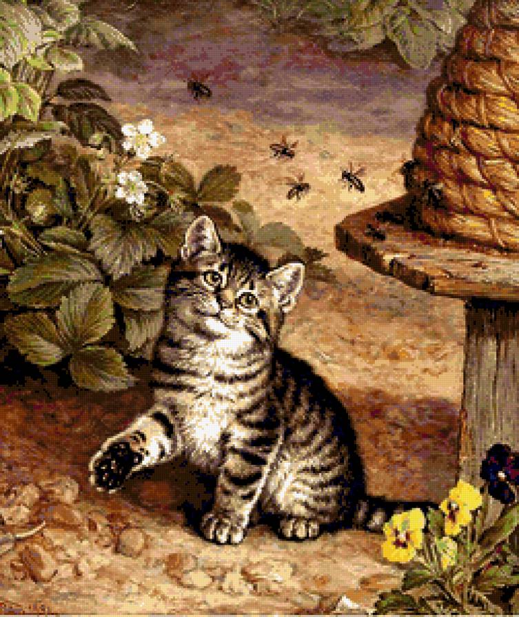 Котёнок и пчёлы - цветы, кошки, пчелы, котенок, кот, малыши - предпросмотр