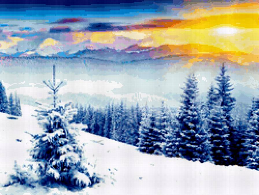 Зима - закат, зима, пейзаж, ели - предпросмотр