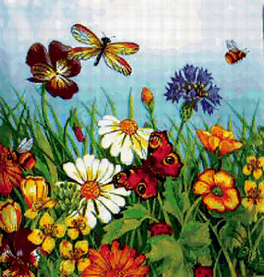 полевые цветы - шмель, бабочка, цветы - предпросмотр