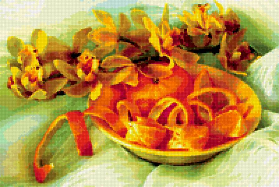 Цветы и мандарин - натюрморт, цветы, фрукты - предпросмотр