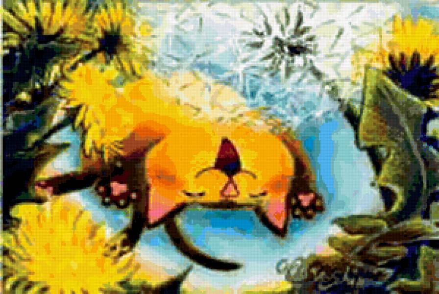 счастливый кот - цветы . кот. одуванчики - предпросмотр