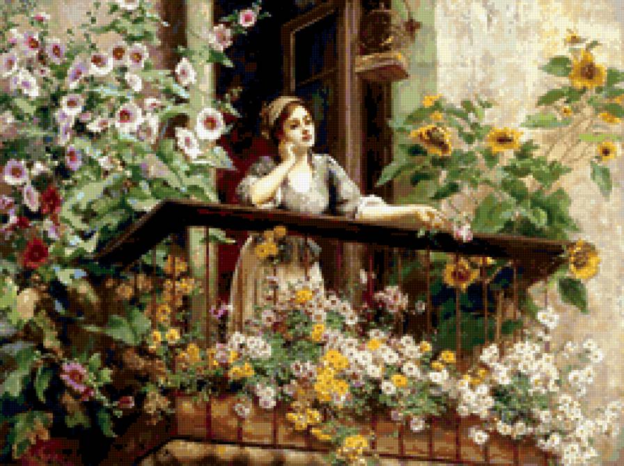 на балконе - цветы, романтика, букет, природа, картина девушка - предпросмотр