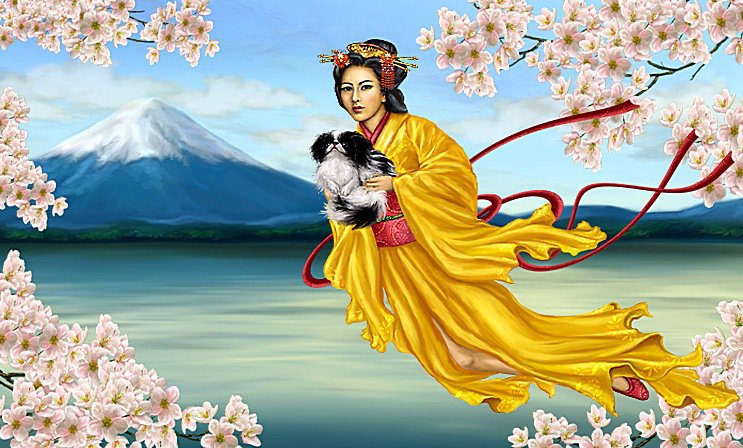 китайская живопись - картина, китайская живопись, , природа, девушка, птицы, китай - оригинал