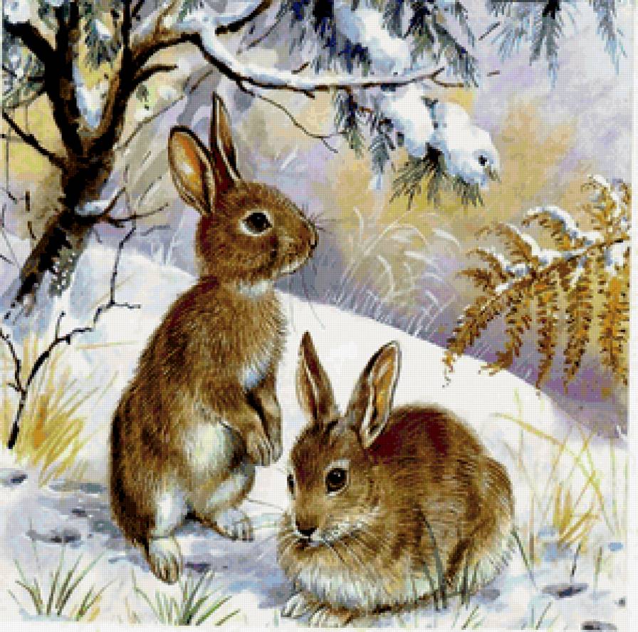 Зайчата - живопись, животные - предпросмотр