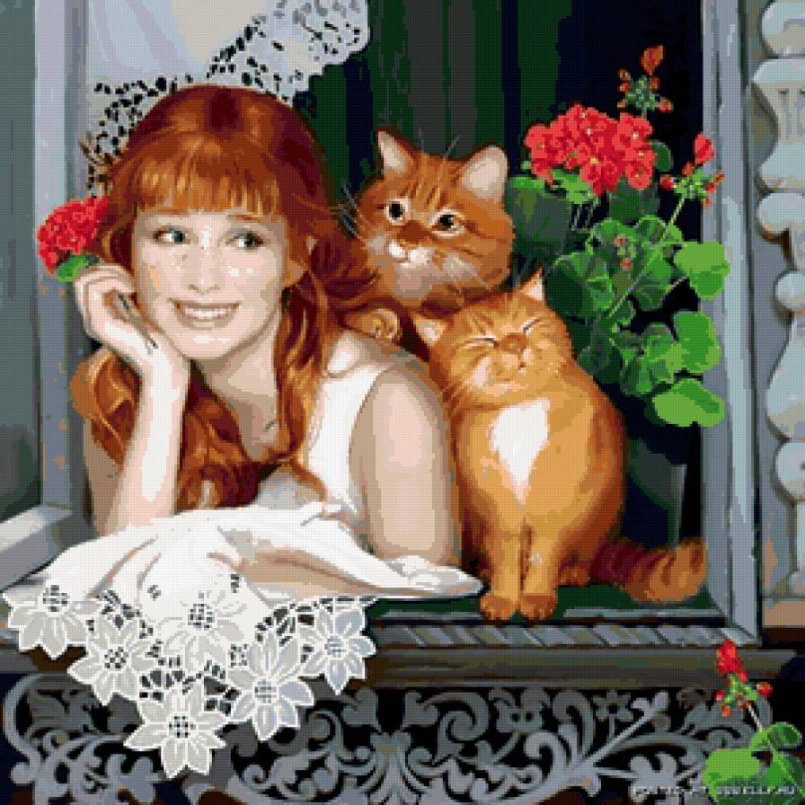 Рыжики - рыжие, кошки, окно, девушка - предпросмотр