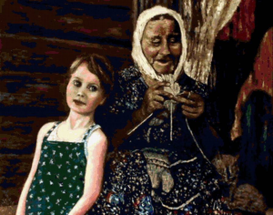 Бабушка и внучка. - кот, девочка, бабушка, деревня, вязание - предпросмотр