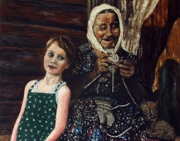Бабушка и внучка. - кот, вязание, деревня, бабушка, девочка - оригинал