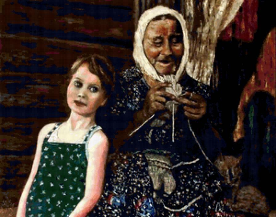 Бабушка и внучка. - деревня, кот, вязание, бабушка, девочка - предпросмотр